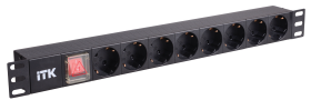 ITK PDU 8 розеток нем. стандарт, с LED выключателем,1U, без шнура, вх. C14, алюминиевый профиль
