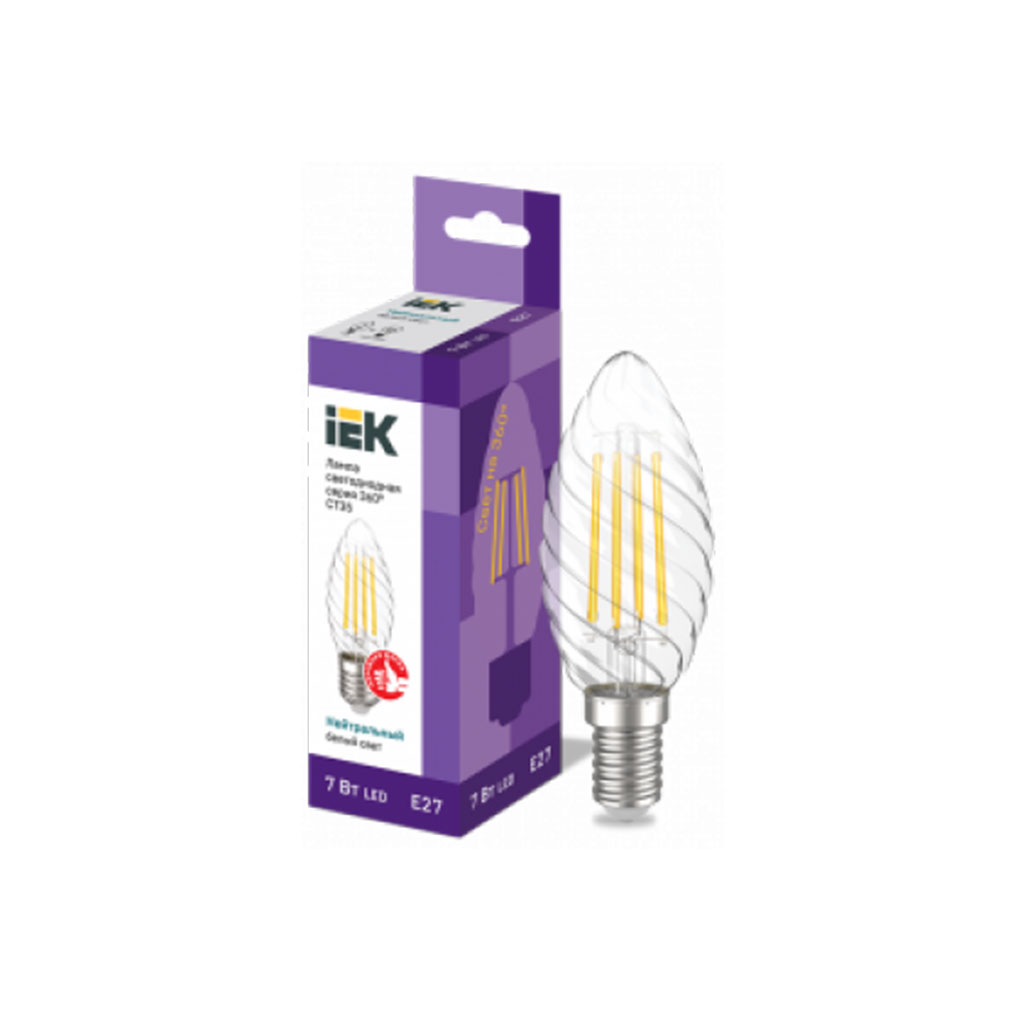 LLF-CT35-7-230-40-E27-CL IEK Лампа светодиодная CT35 свеча витая прозрачная 7Вт 230В 4000К E27 серия 360° IEK