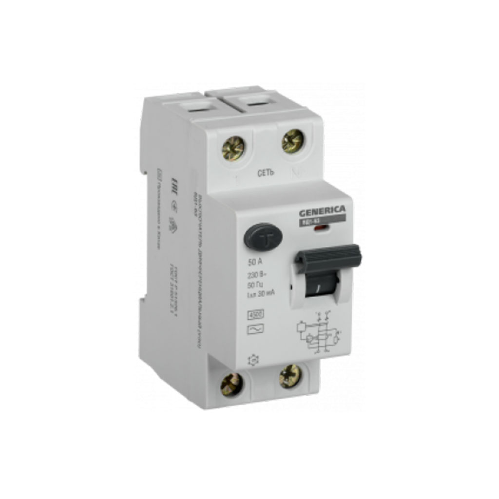 MDV15-2-050-030 IEK Выключатель дифференциальный (УЗО) ВД1-63 2Р 50А 30мА GENERICA